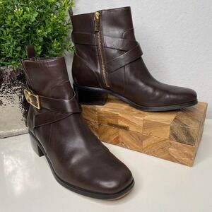 Michael Kors‎ Bryce Chocolate Brown Leather Ankle Boots Side Zip Block Heel SZ 8